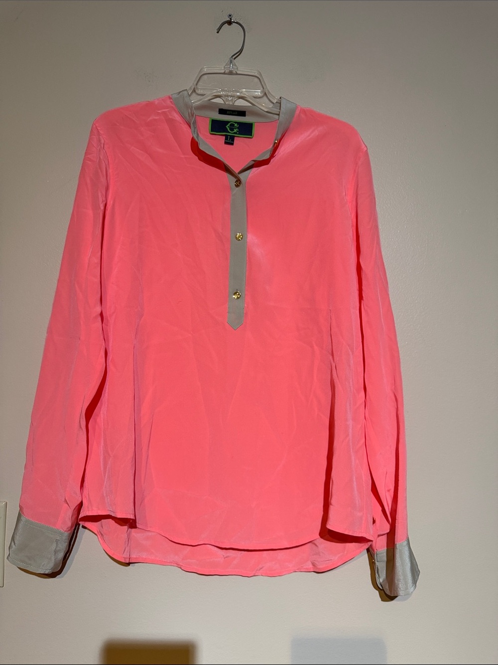 C. Wonder silk Neon Pink Henley Blouse with Gray Trim